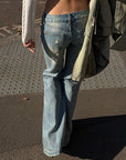ROVENTE Vintage Washed Distressed Low-Rise Long Flared Jeans