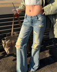 ROVENTE Vintage Washed Distressed Low-Rise Long Flared Jeans