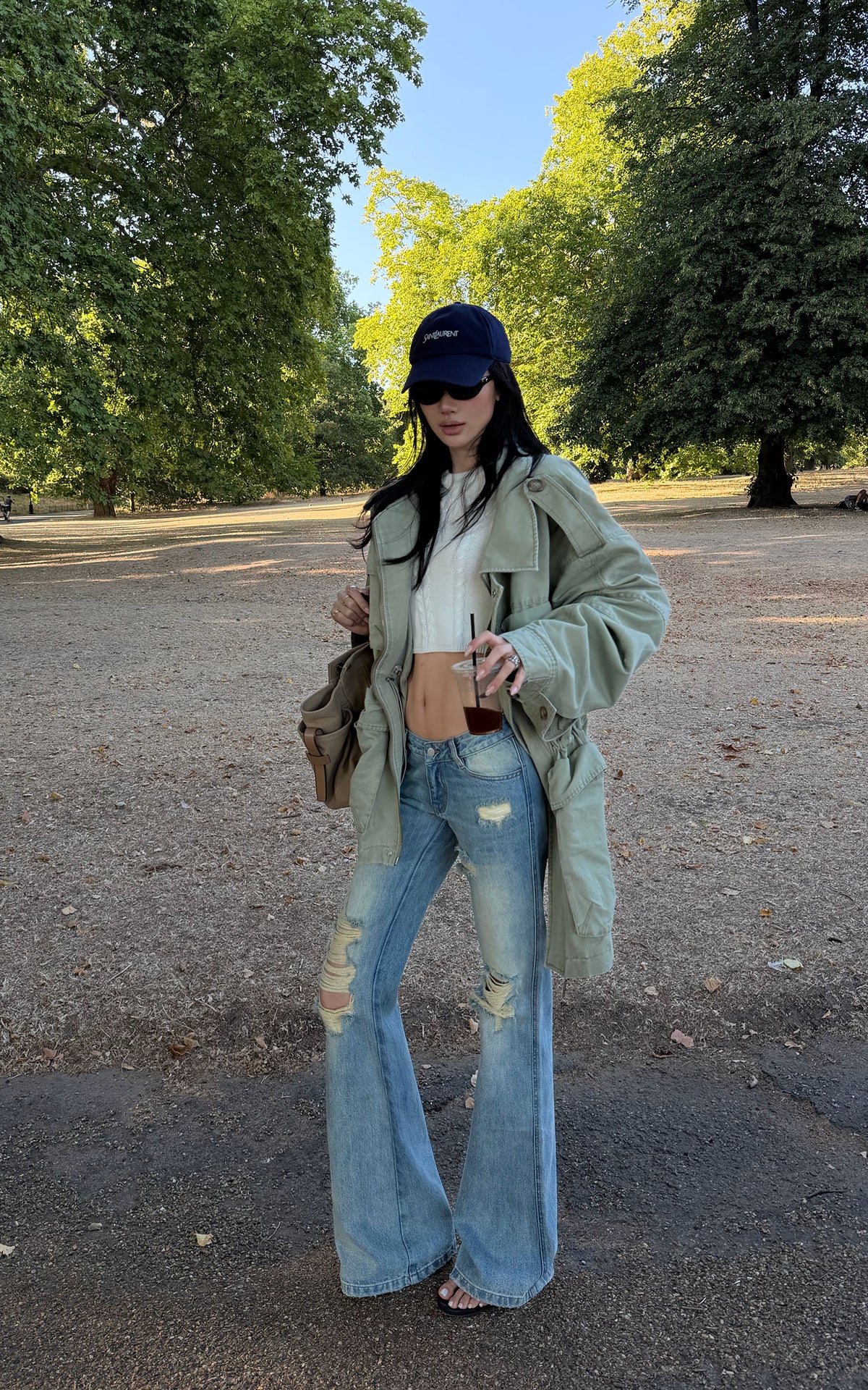 ROVENTE Vintage Washed Distressed Low-Rise Long Flared Jeans