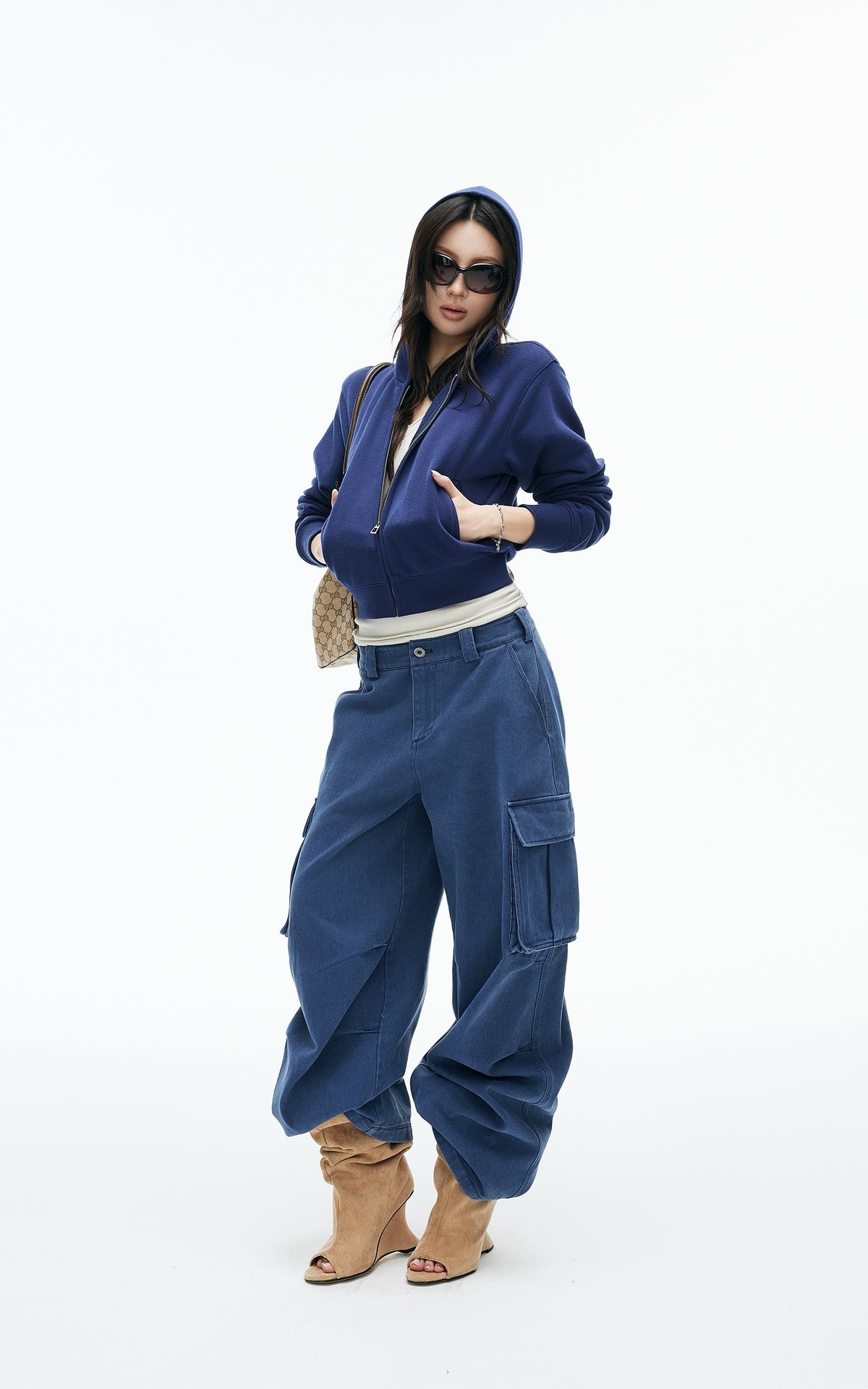 IAMXIAA Vintage Blue Cropped Zip-Up Hoodie
