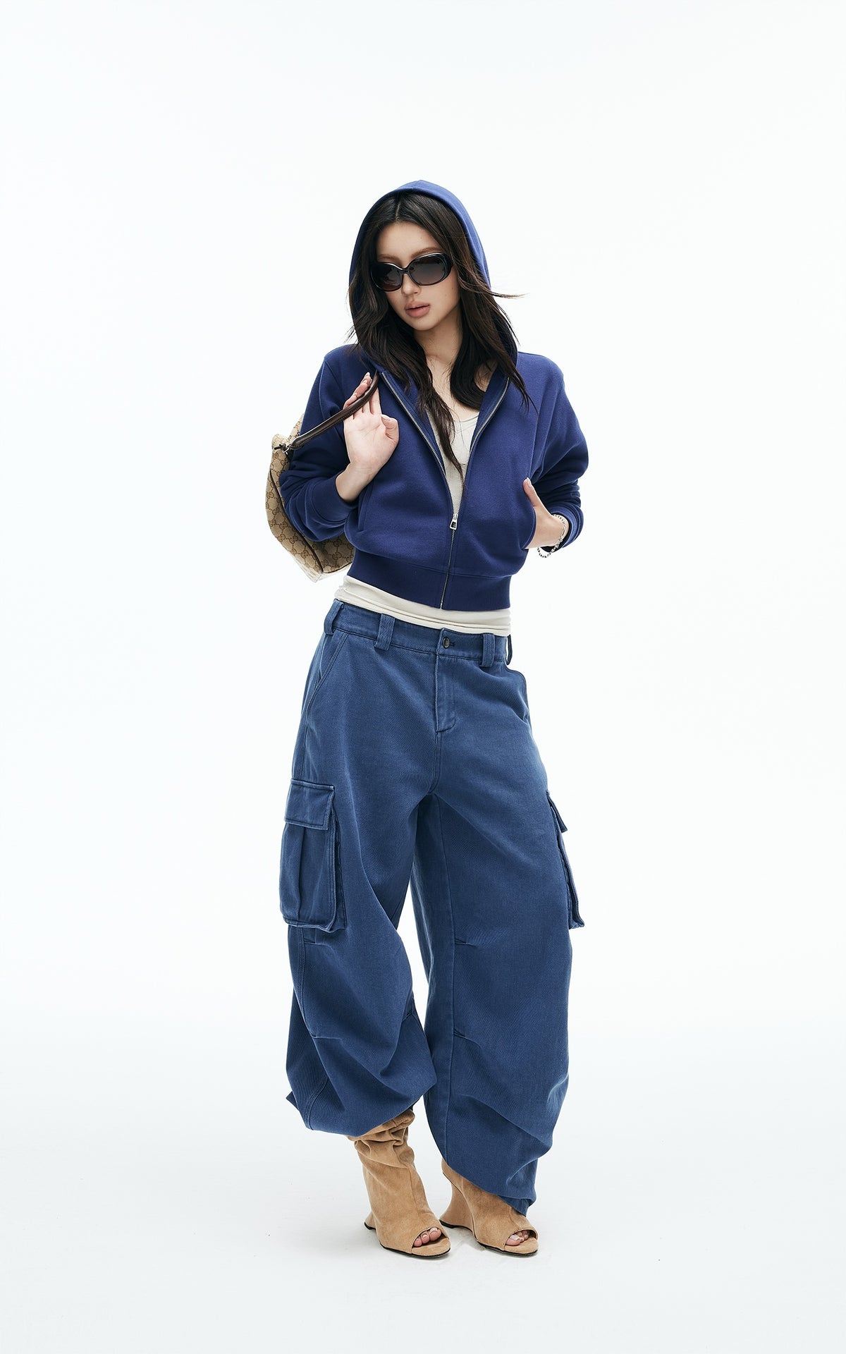 IAMXIAA Vintage Blue Cropped Zip-Up Hoodie