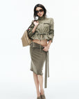 IAMXIAA Utility Peplum Jacket & Draped Midi Skirt Two-Piece Set