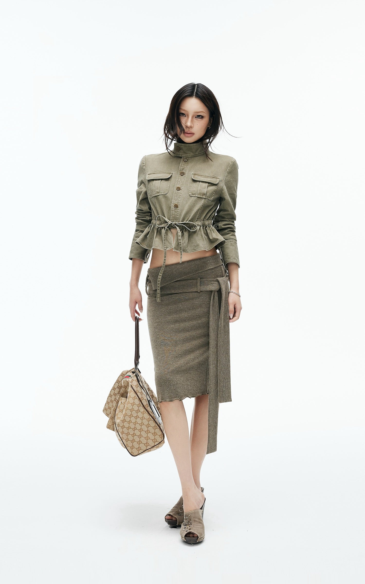 IAMXIAA Foldover Waist Tie-Detail Knit Midi Skirt