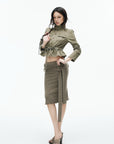 IAMXIAA Utility Peplum Jacket & Draped Midi Skirt Two-Piece Set