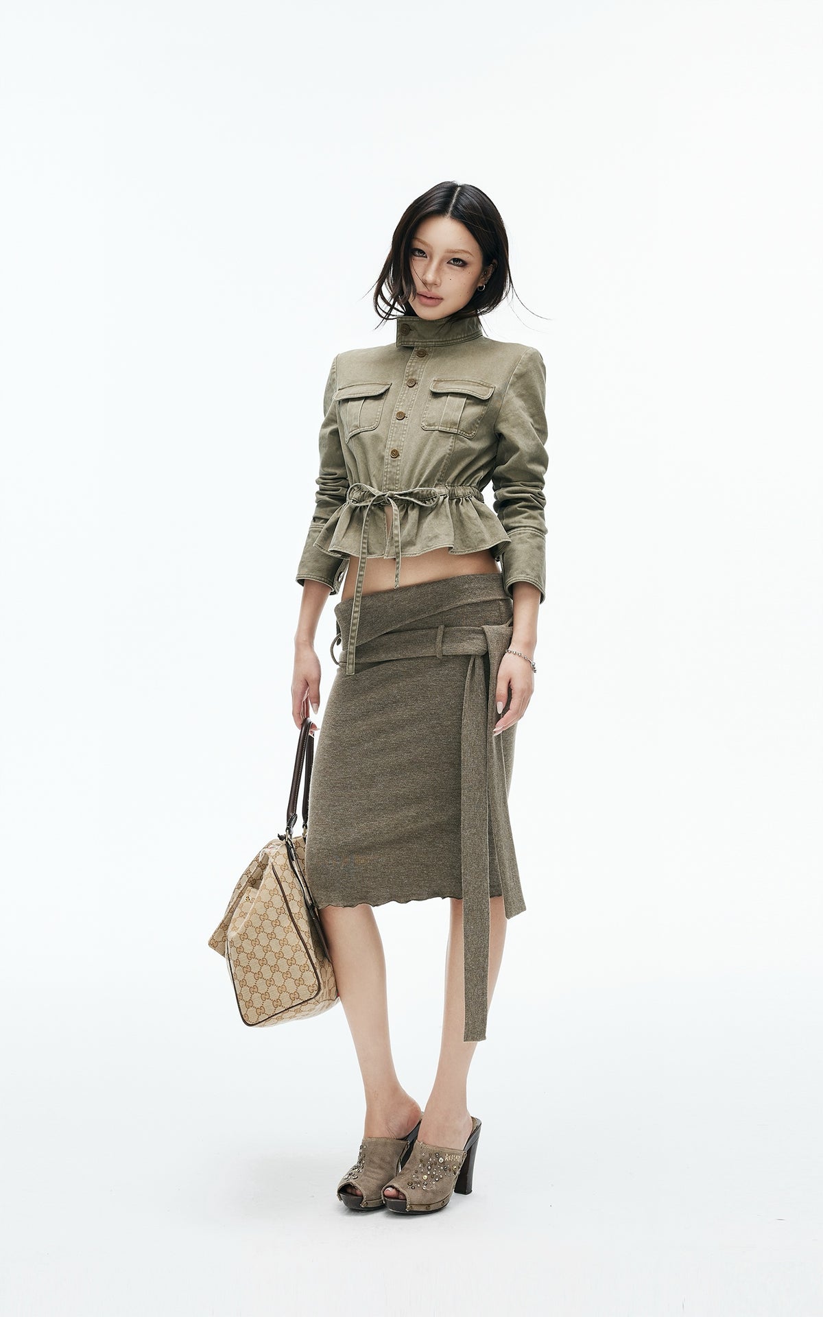 IAMXIAA Foldover Waist Tie-Detail Knit Midi Skirt