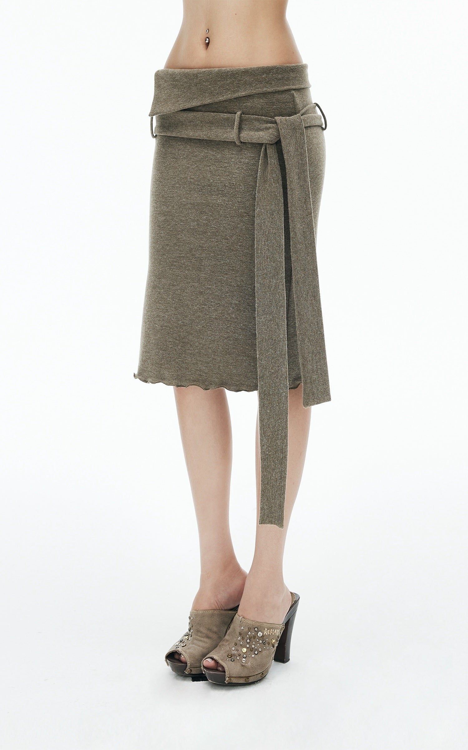 IAMXIAA Foldover Waist Tie-Detail Knit Midi Skirt
