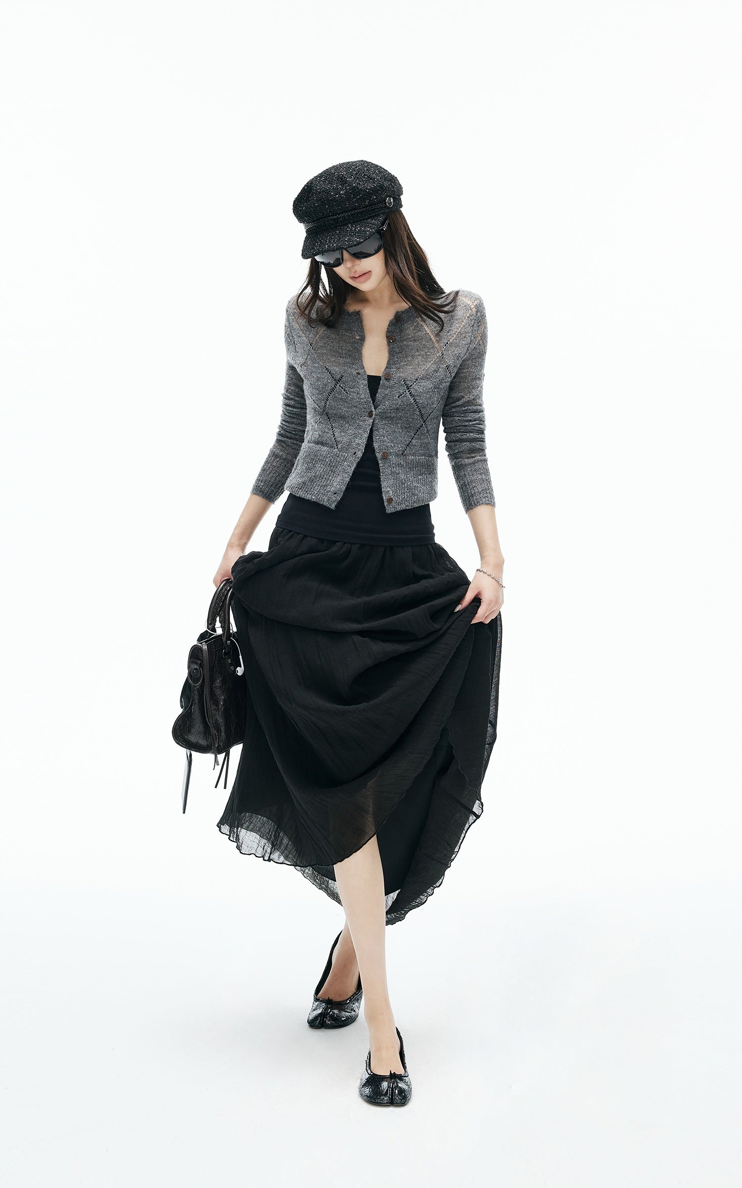 IAMXIAA Sheer Argyle Fuzzy Knit Cardigan
