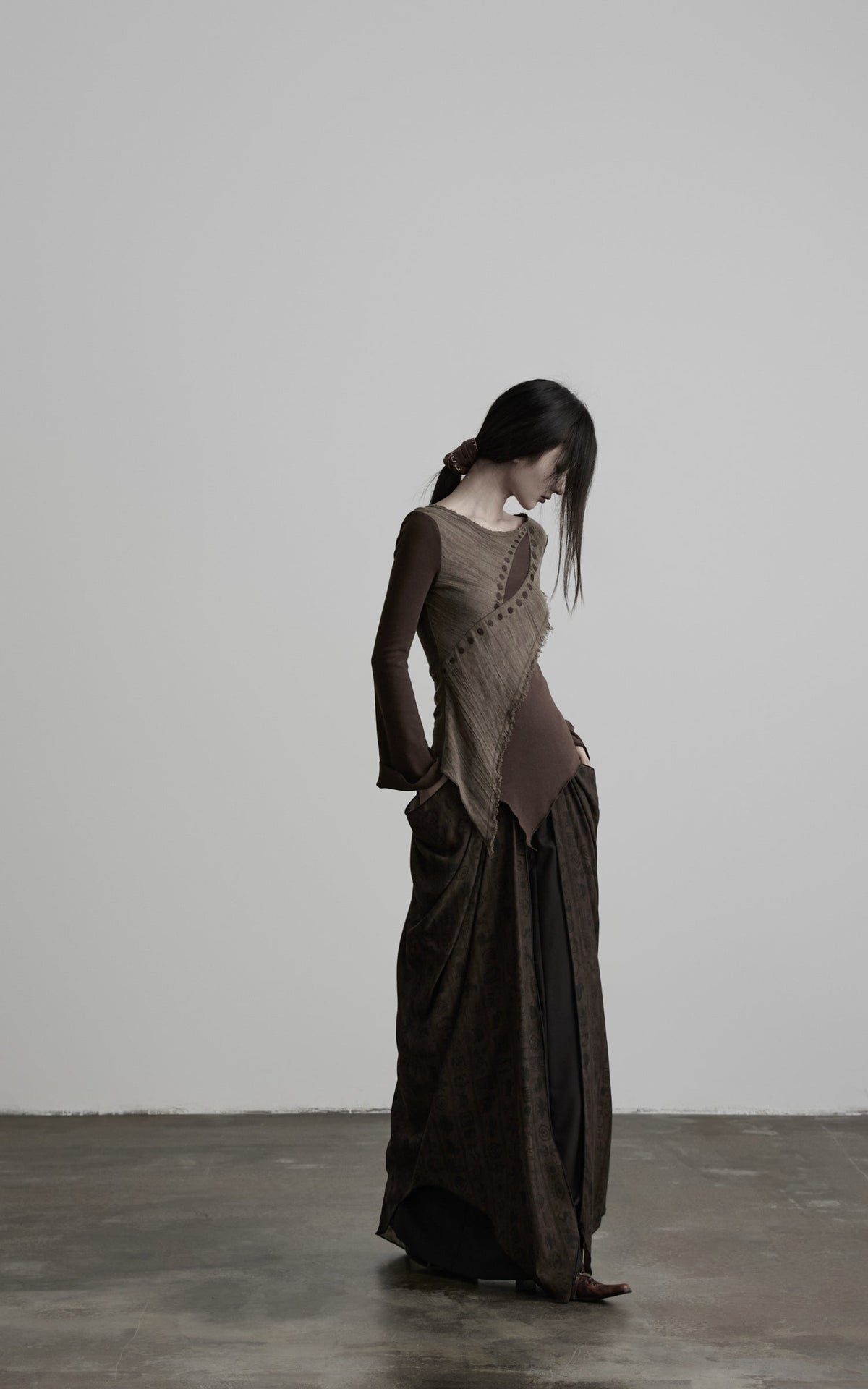 DOINDULGE Beaded Waist Draped Maxi Skirt