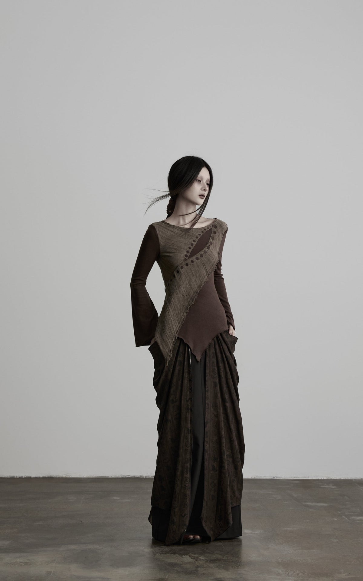 DOINDULGE Beaded Waist Draped Maxi Skirt