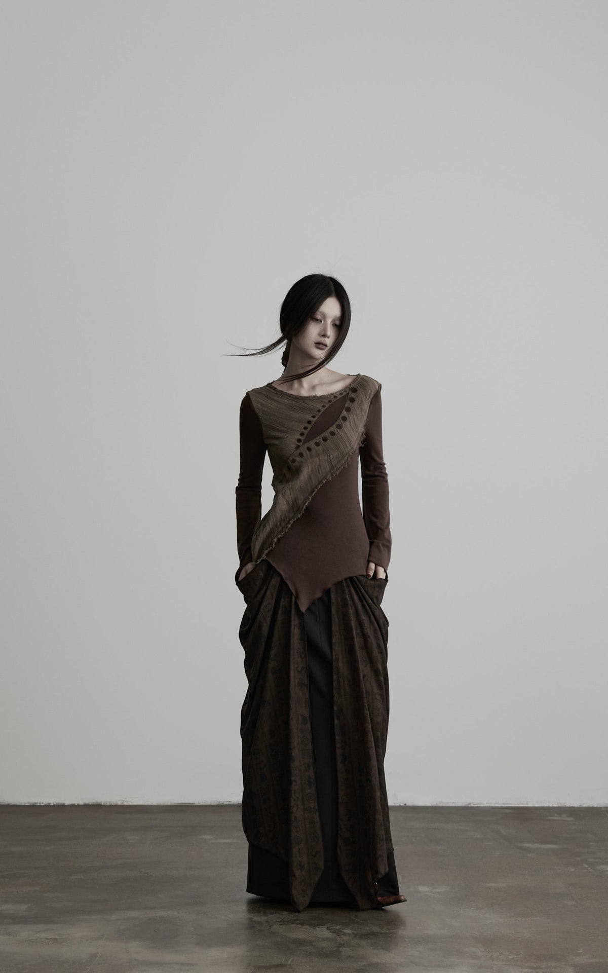 DOINDULGE Beaded Waist Draped Maxi Skirt