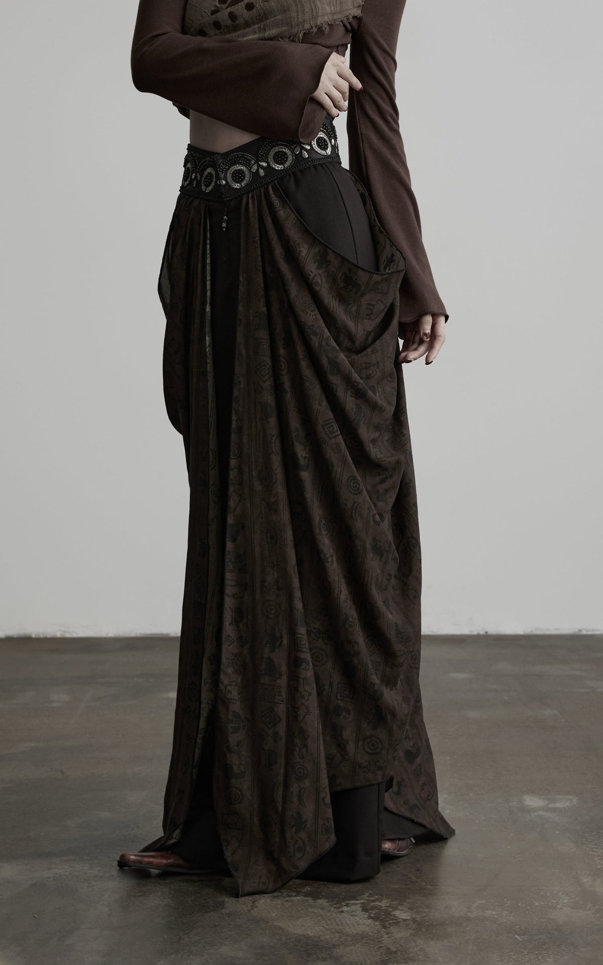 DOINDULGE Beaded Waist Draped Maxi Skirt