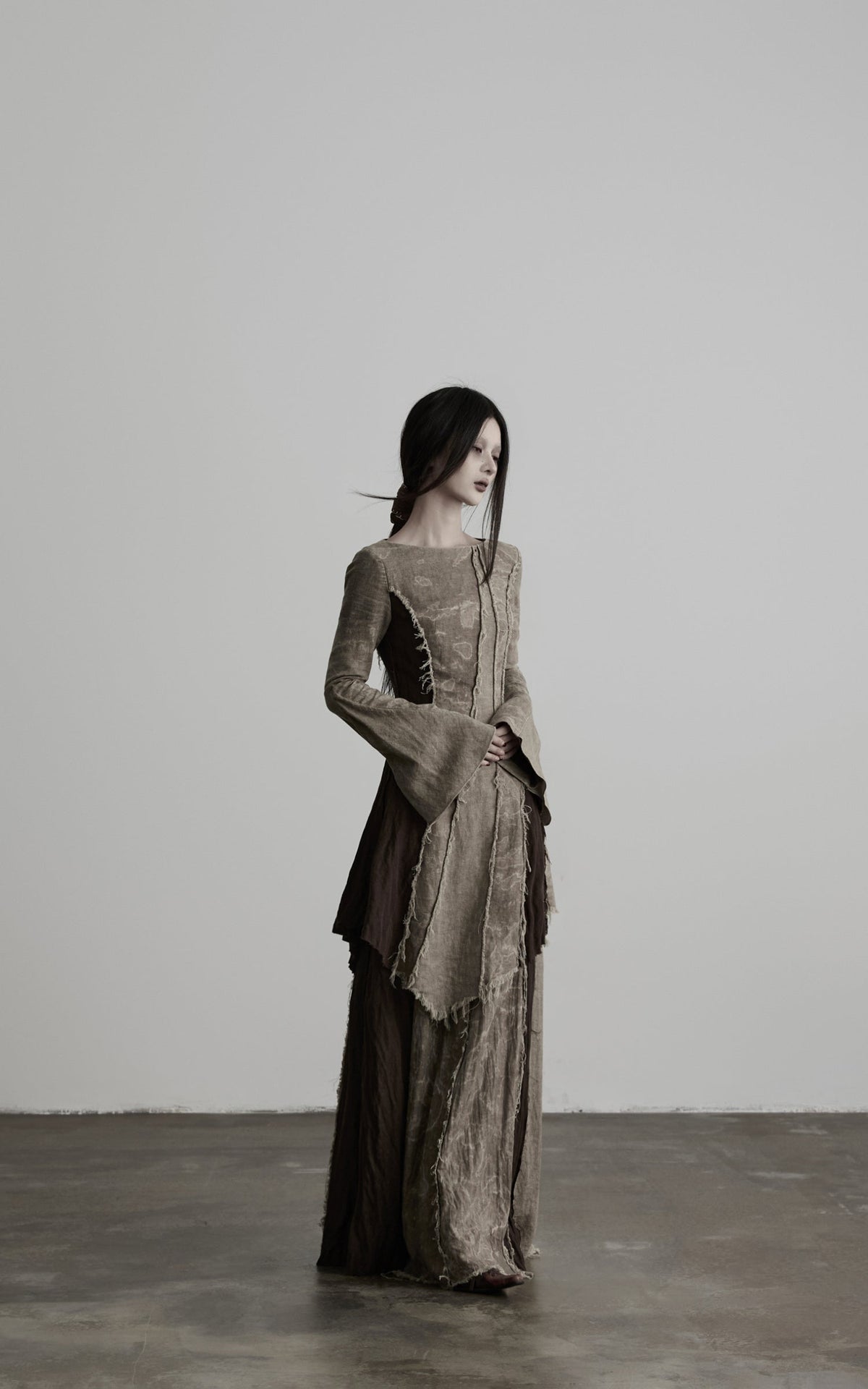 DOINDULGE Tie-Waist Frayed Panel Maxi Skirt