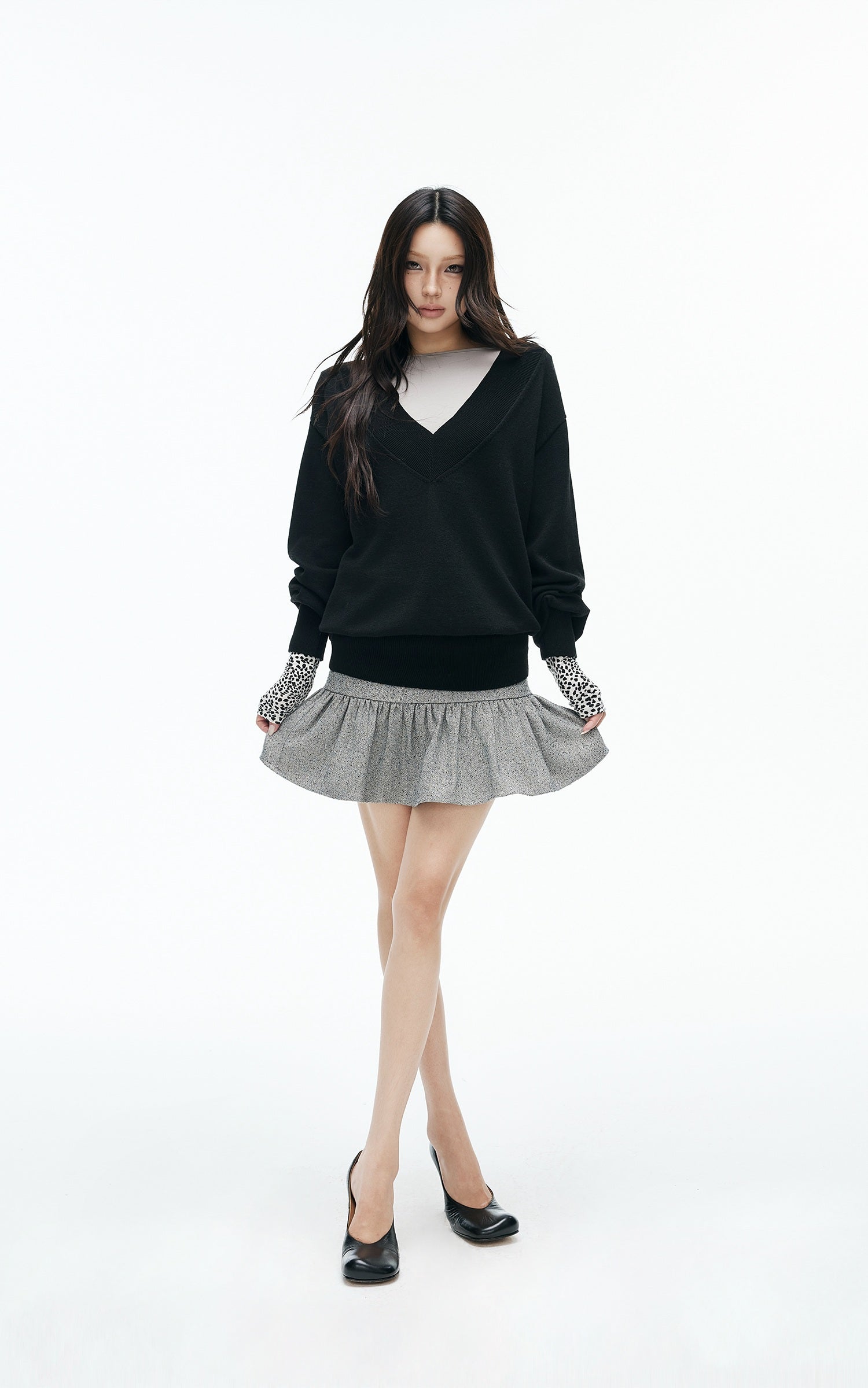 IAMXIAA Low-Rise Heather Grey Drop-Waist Ruffle Mini Skirt