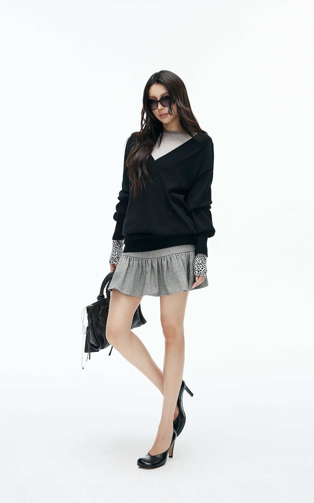IAMXIAA Low-Rise Heather Grey Drop-Waist Ruffle Mini Skirt