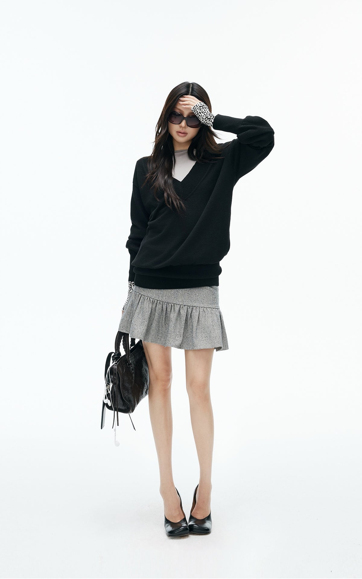 IAMXIAA Low-Rise Heather Grey Drop-Waist Ruffle Mini Skirt