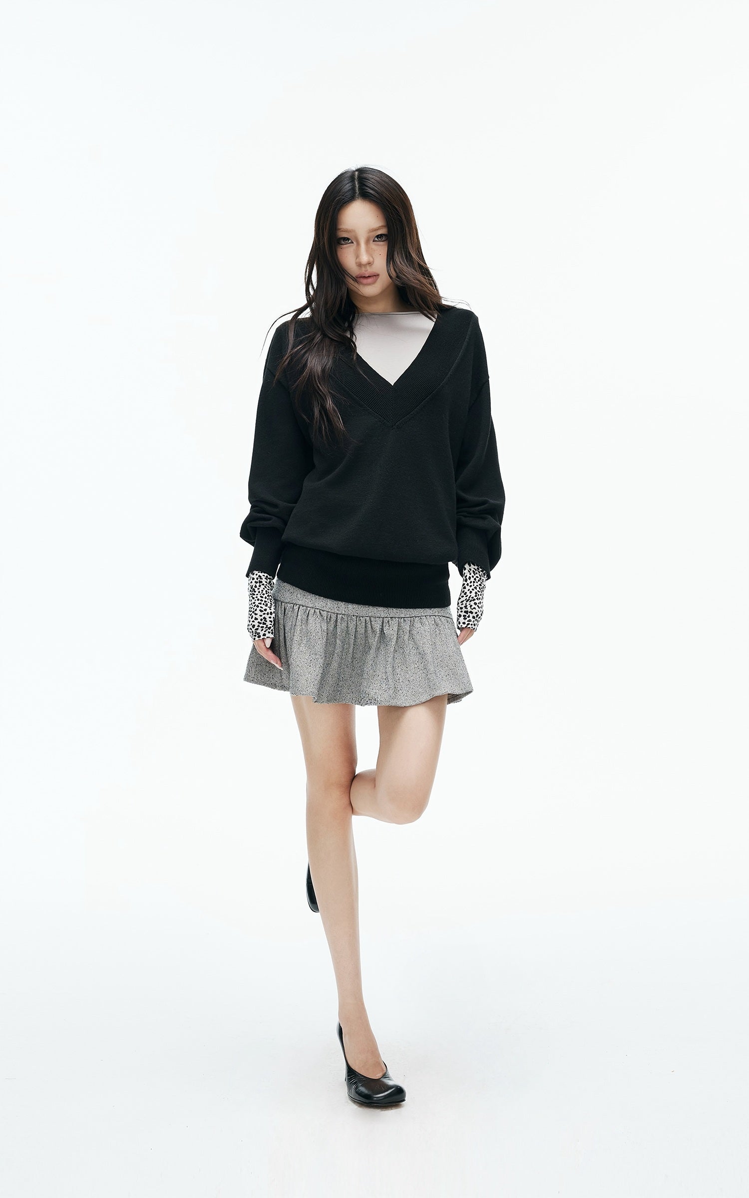 IAMXIAA Low-Rise Heather Grey Drop-Waist Ruffle Mini Skirt