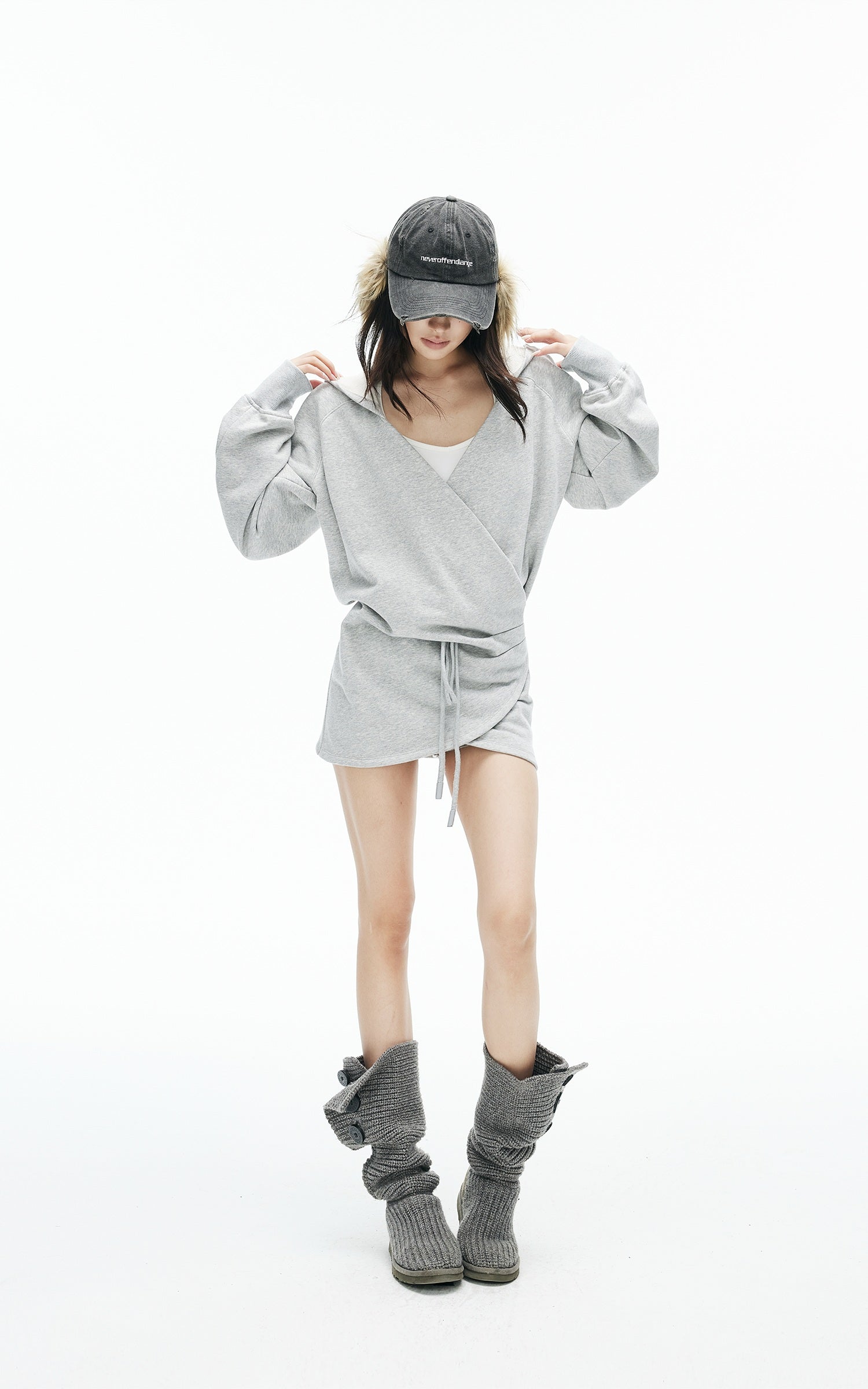 IAMXIAA Wrap Drawstring Hooded Long Sleeve Top