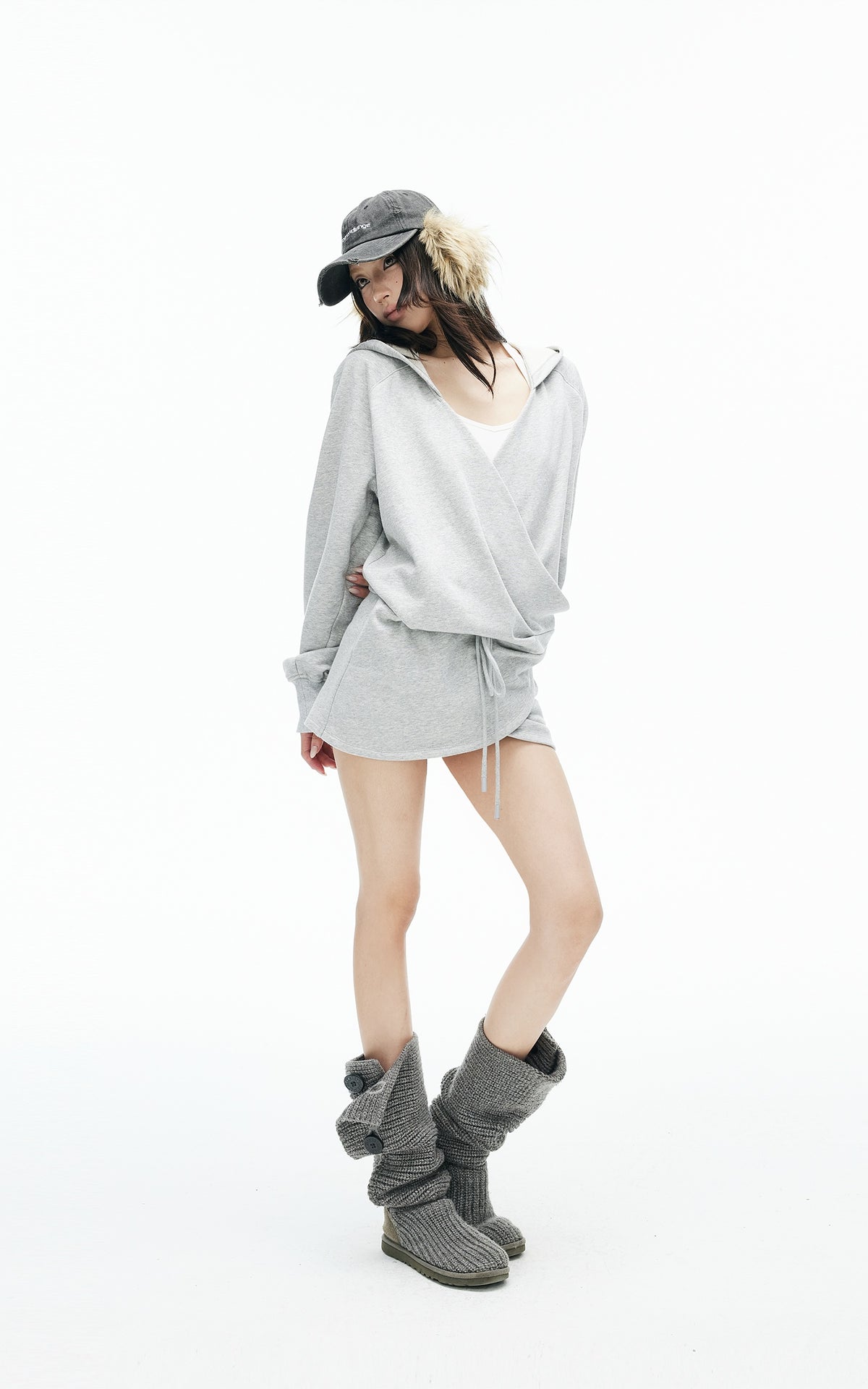 IAMXIAA Wrap Drawstring Hooded Long Sleeve Top
