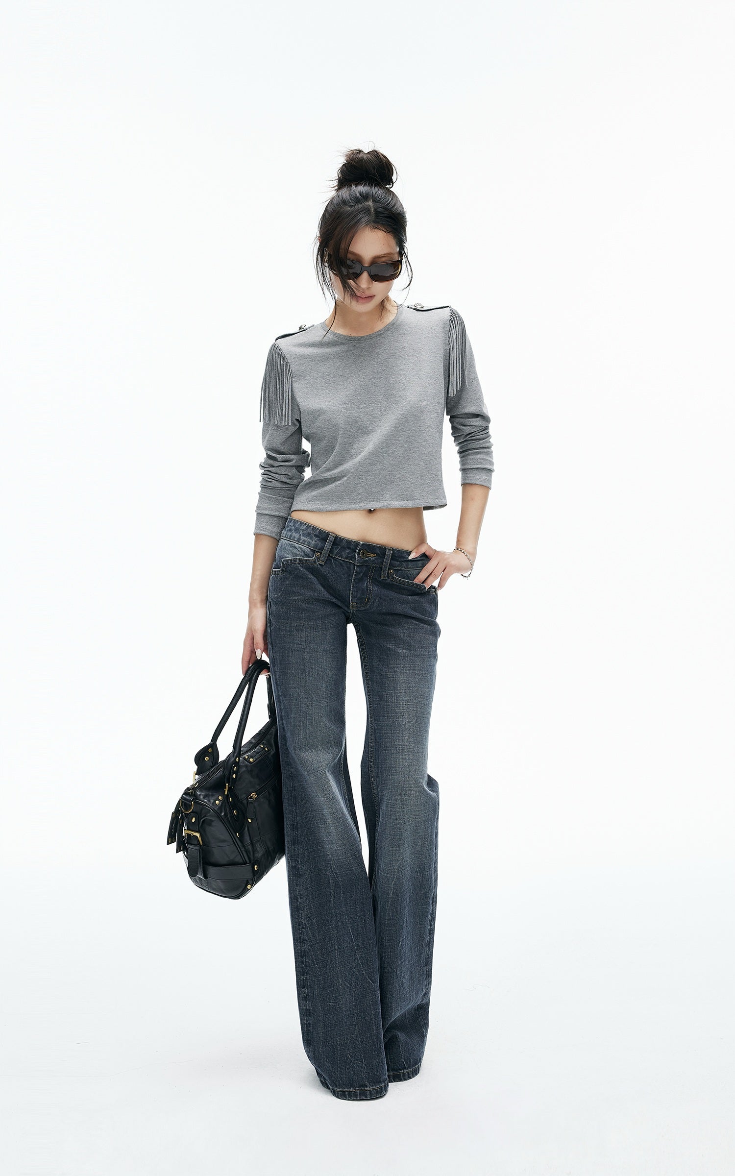 IAMXIAA Fringe Epaulette Cropped Long Sleeve Top