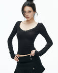 IAMXIAA Lace-Trim Scoop Neck Fitted Long Sleeve Top