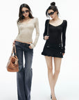 IAMXIAA Lace-Trim Scoop Neck Fitted Long Sleeve Top