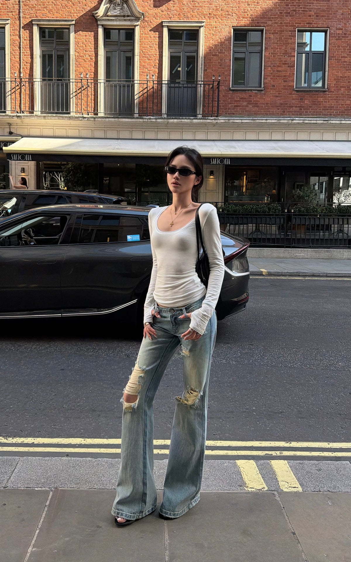 ROVENTE Sheer Scoop Neck Long Sleeve Top