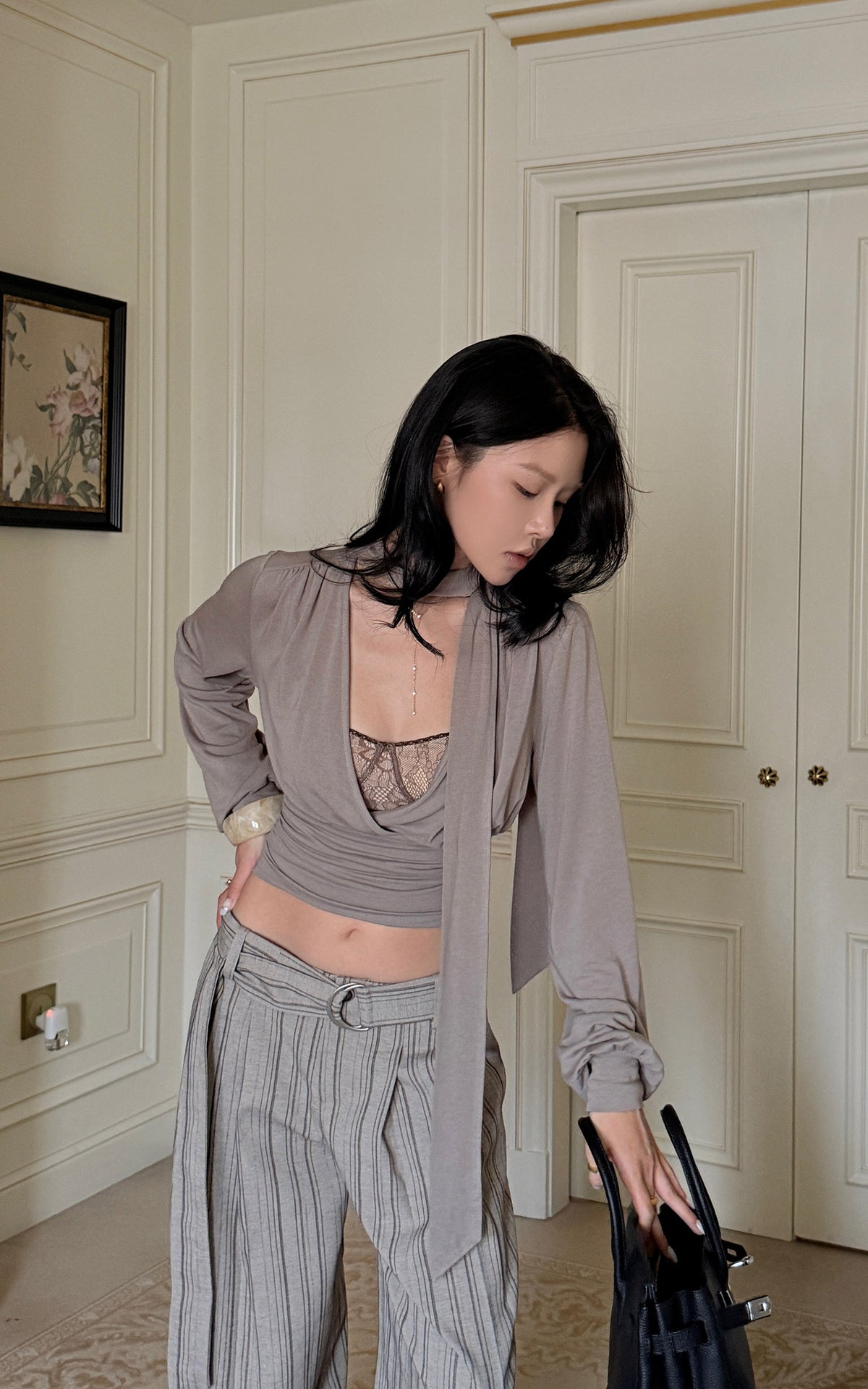 Hydrae D-Ring Belted Pinstripe Wide-Leg Pants
