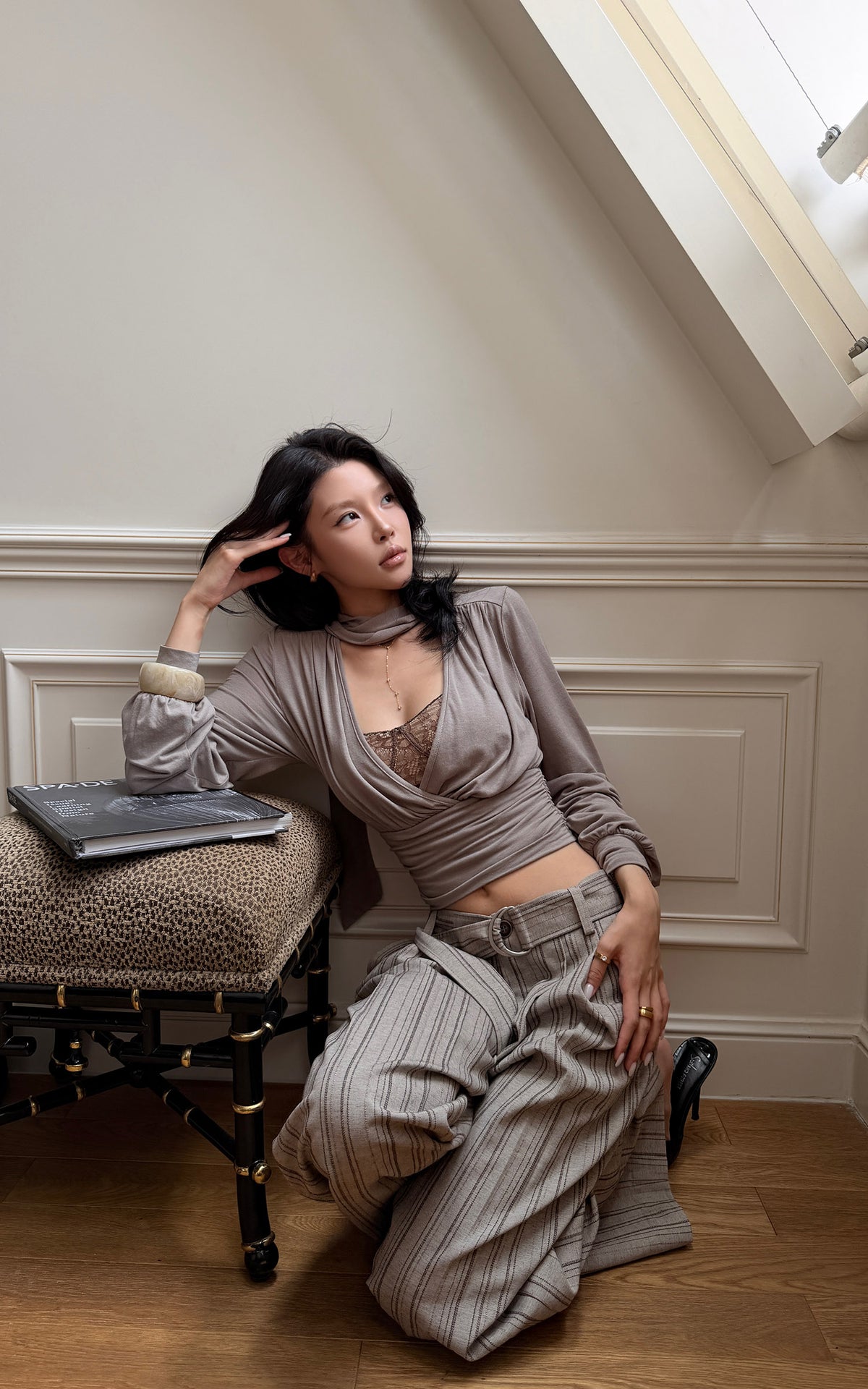 Hydrae D-Ring Belted Pinstripe Wide-Leg Pants