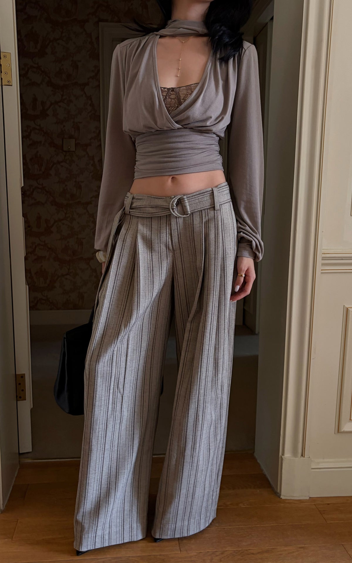 Hydrae D-Ring Belted Pinstripe Wide-Leg Pants