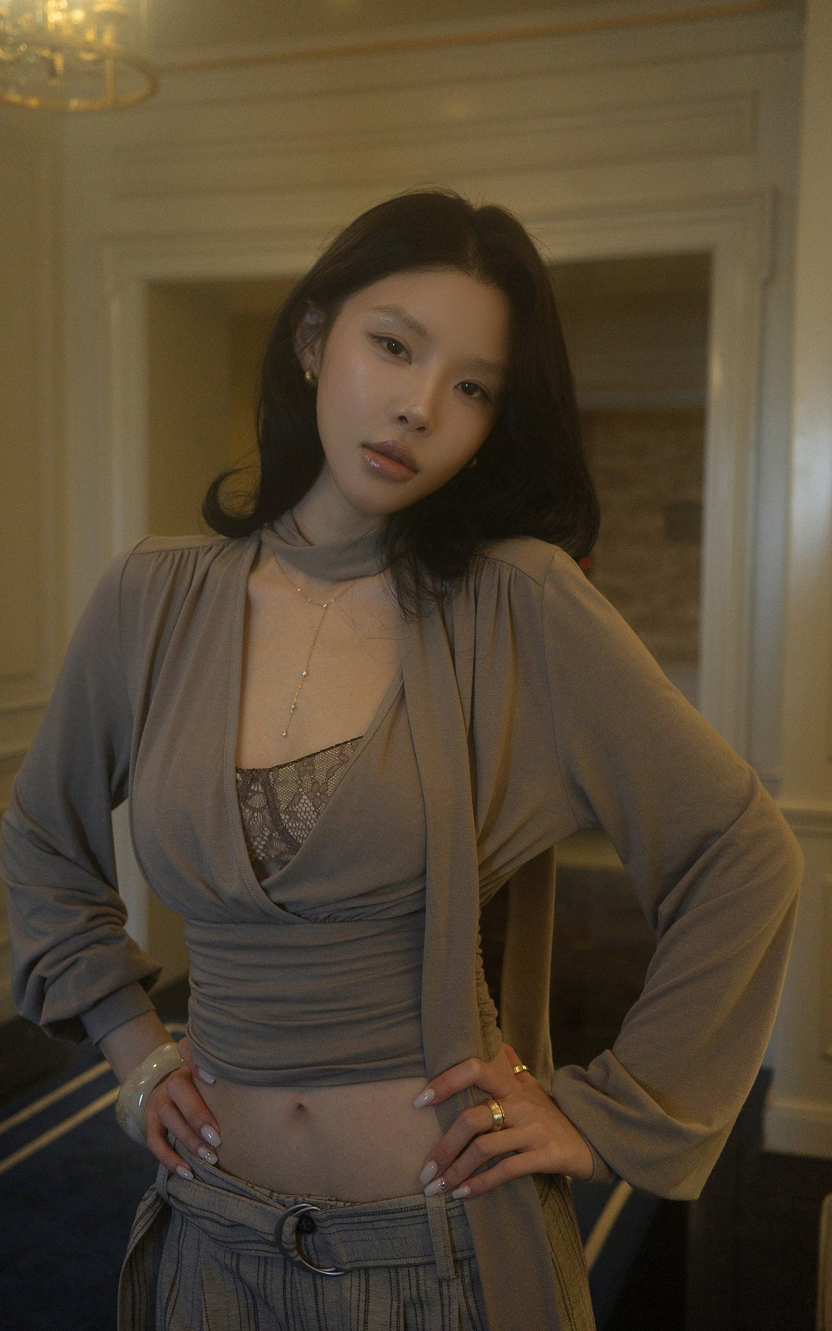 Hydrae Draped Wrap Front Ruched Long Sleeve Top With Asymmetric Neckline