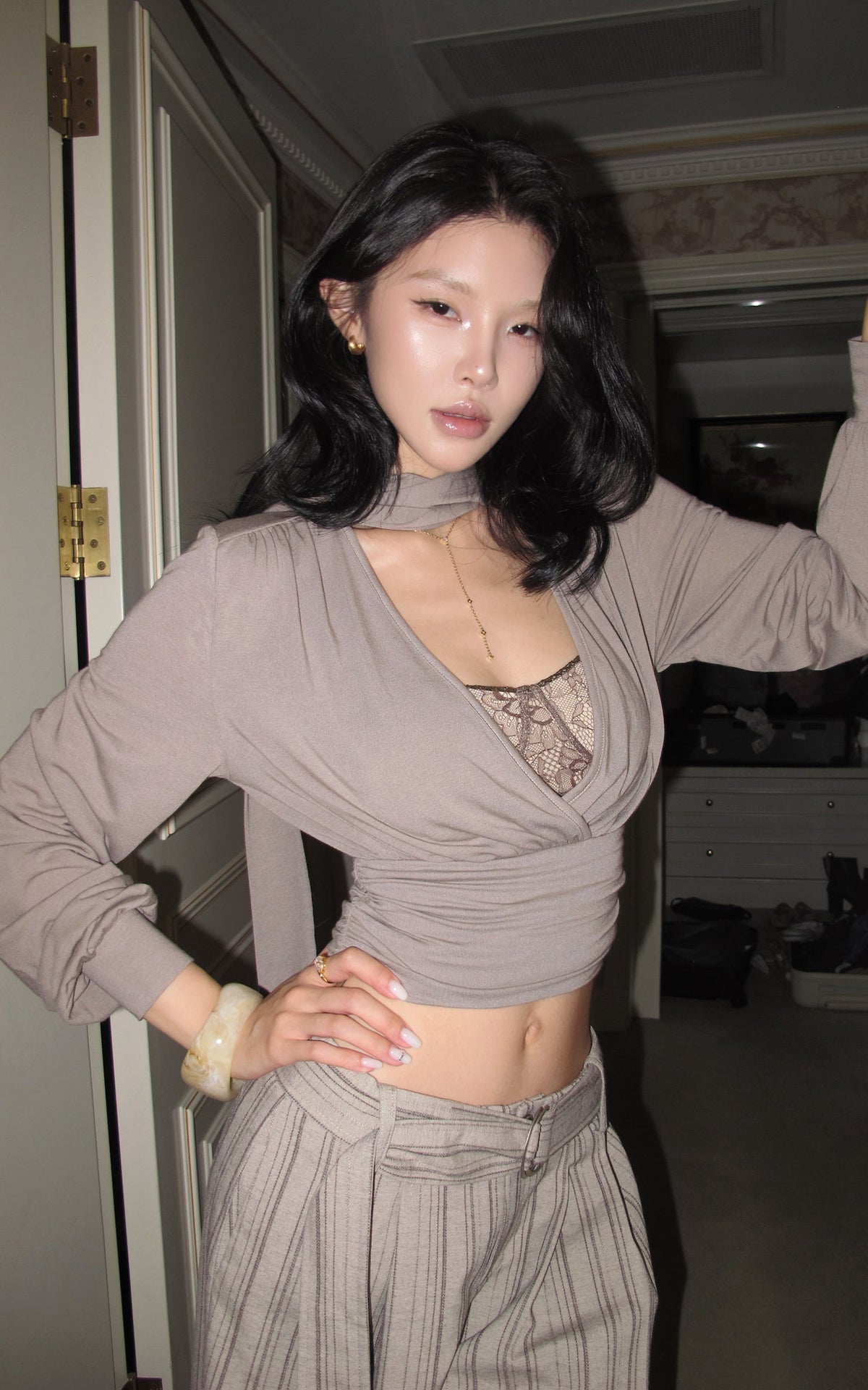 Hydrae Draped Wrap Front Ruched Long Sleeve Top With Asymmetric Neckline