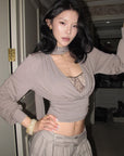 Hydrae Draped Wrap Front Ruched Long Sleeve Top With Asymmetric Neckline