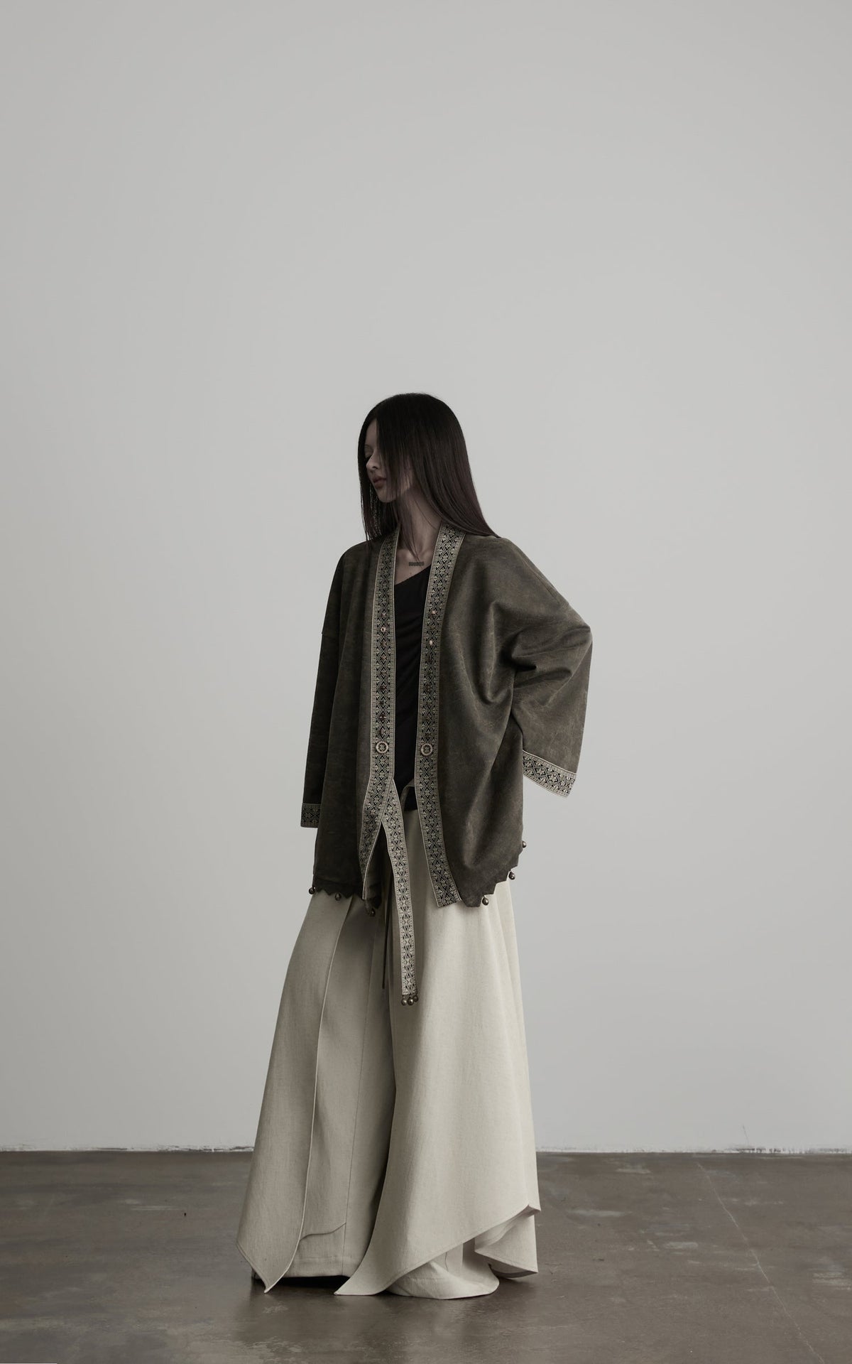 DOINDULGE Jacquard Trim Wrap Jacket