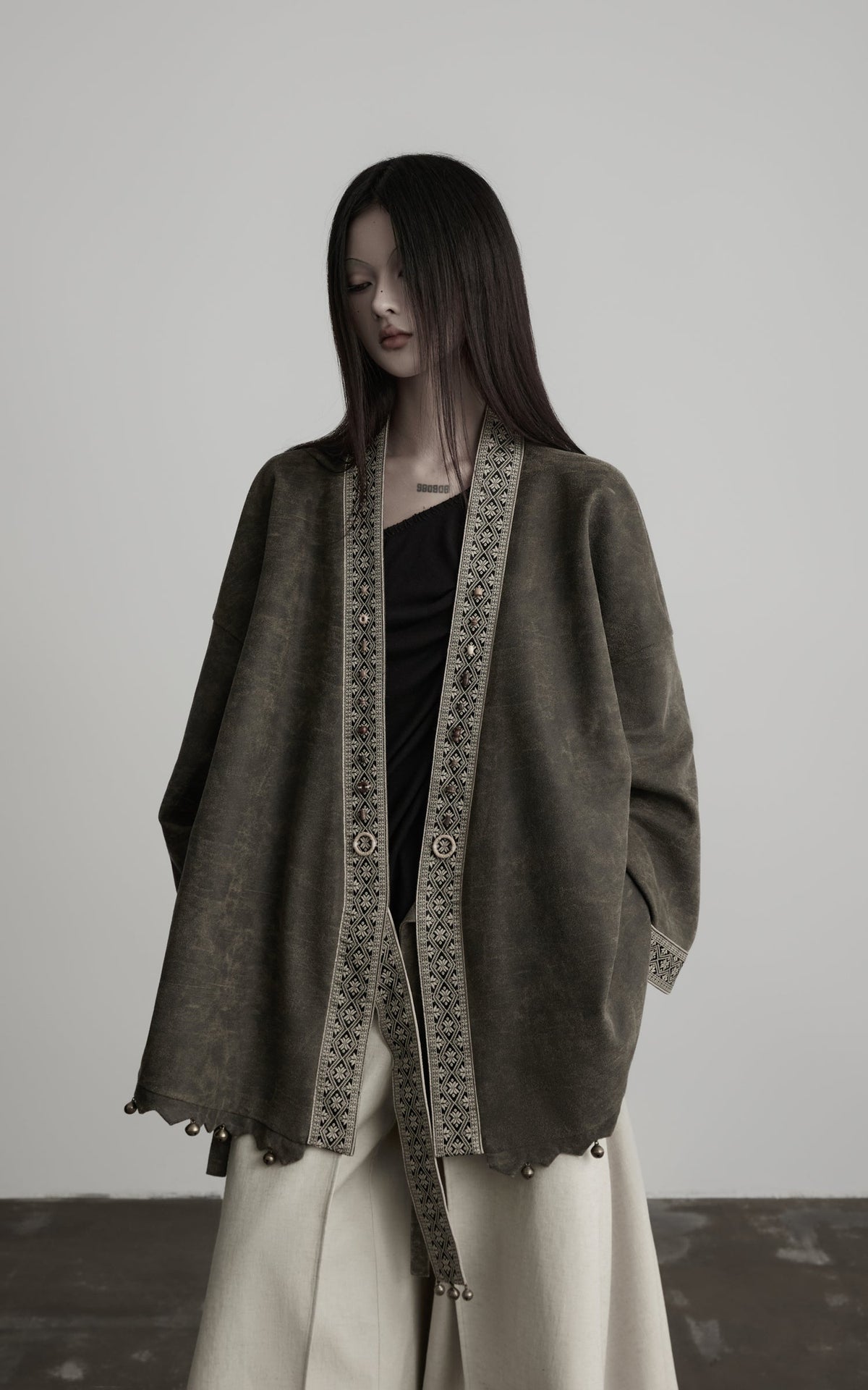 DOINDULGE Jacquard Trim Wrap Jacket
