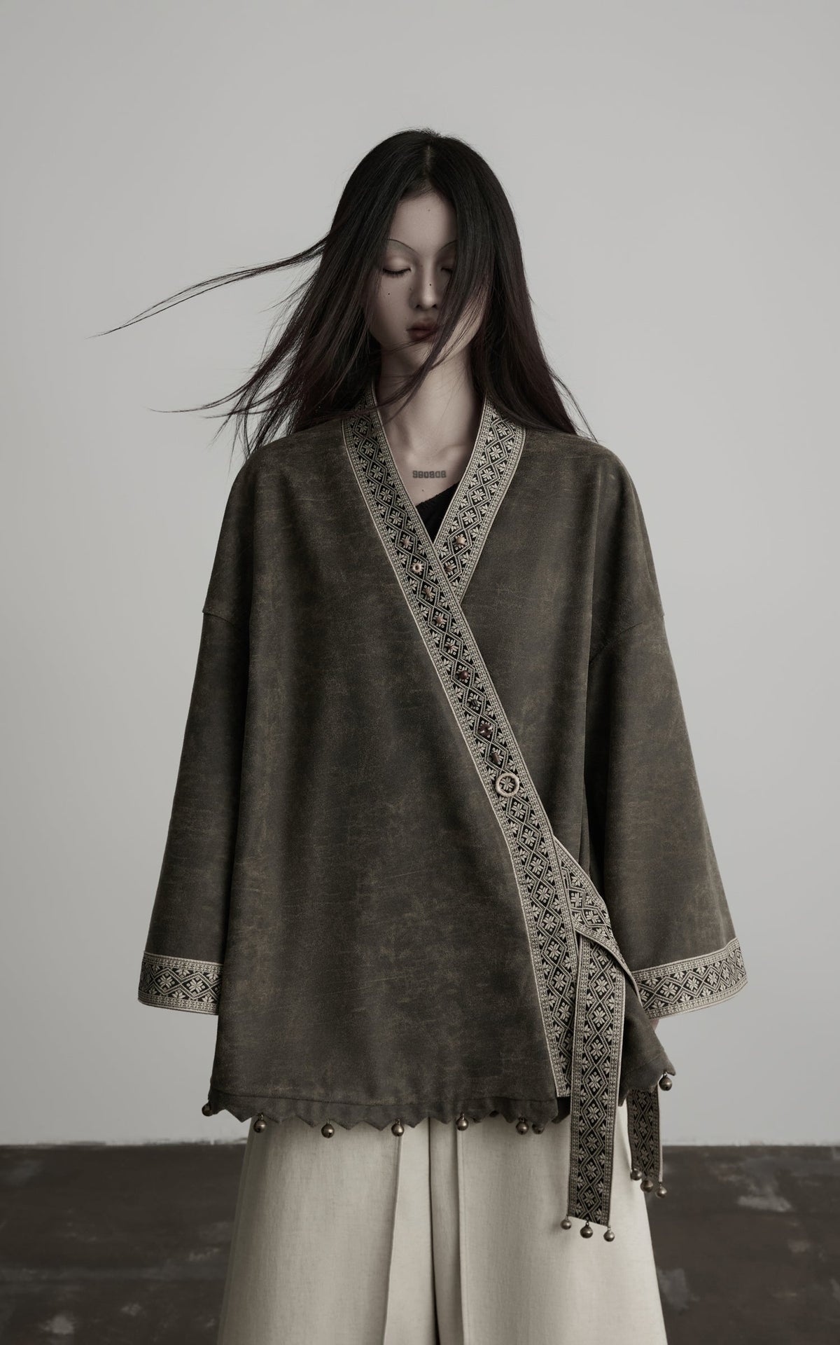 DOINDULGE Jacquard Trim Wrap Jacket