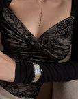Hydrae Lace Contrast Ruched Bust Long Sleeve Top With Sheer Floral Texture