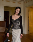 Hydrae Lace Contrast Ruched Bust Long Sleeve Top With Sheer Floral Texture