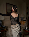 Hydrae Lace Contrast Ruched Bust Long Sleeve Top With Sheer Floral Texture