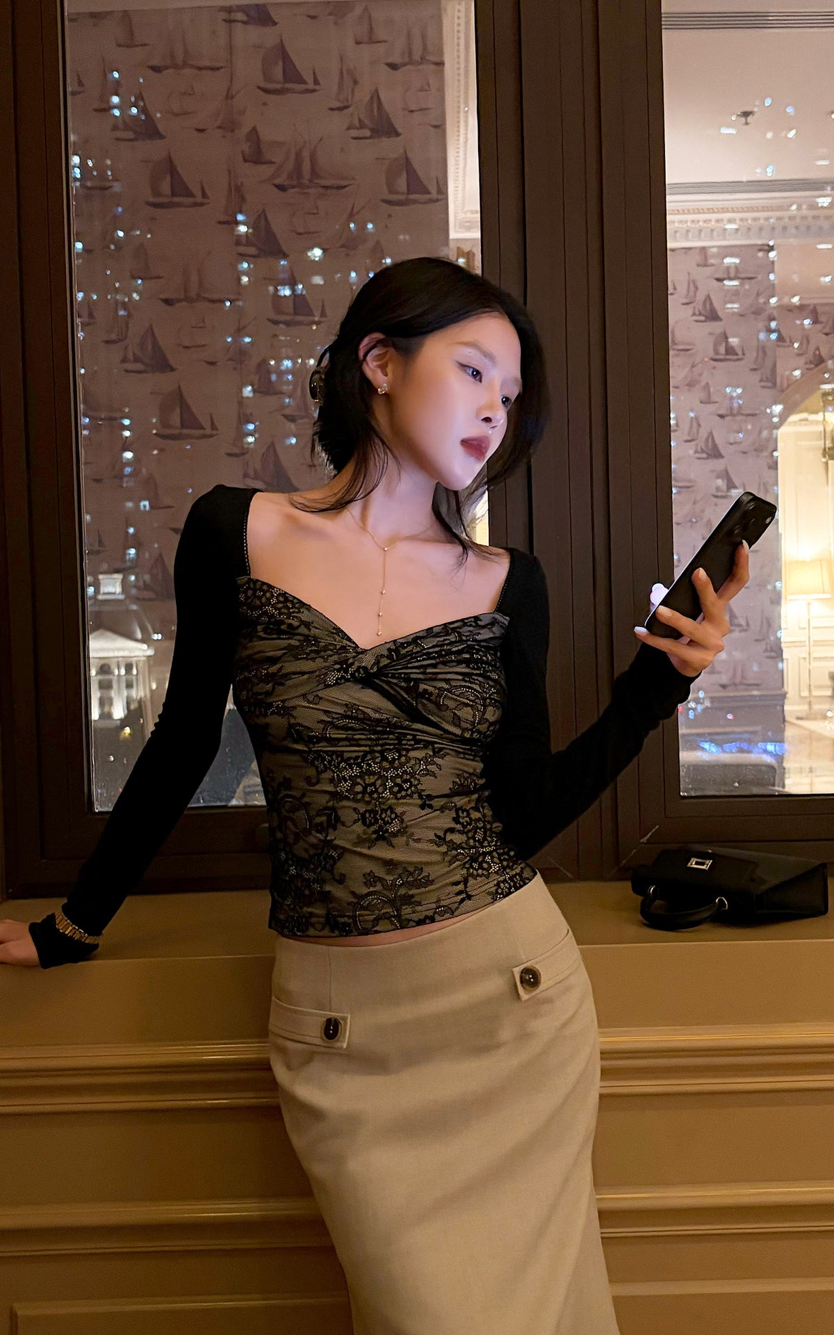 Hydrae Lace Contrast Ruched Bust Long Sleeve Top With Sheer Floral Texture