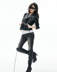 IAMXIAA Veste en cuir moto noire sculptée