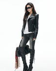 IAMXIAA Veste en cuir moto noire sculptée