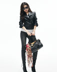 IAMXIAA Veste en cuir moto noire sculptée
