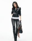 IAMXIAA Veste en cuir moto noire sculptée