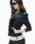 IAMXIAA Veste en cuir moto noire sculptée