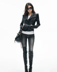 IAMXIAA Veste en cuir moto noire sculptée