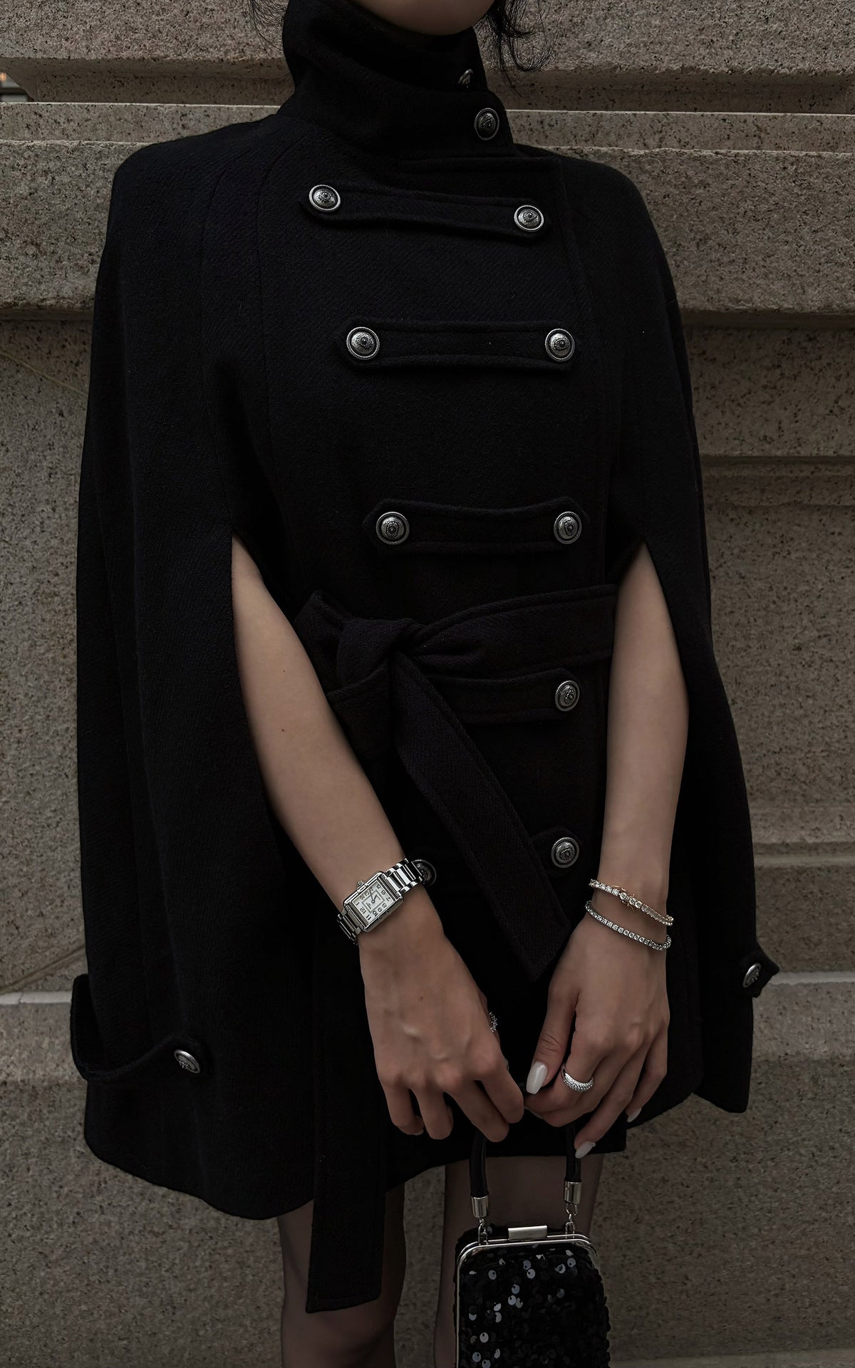 Hydrae Military Inspired Wool Cape Coat With Double Breasted Button Detailing