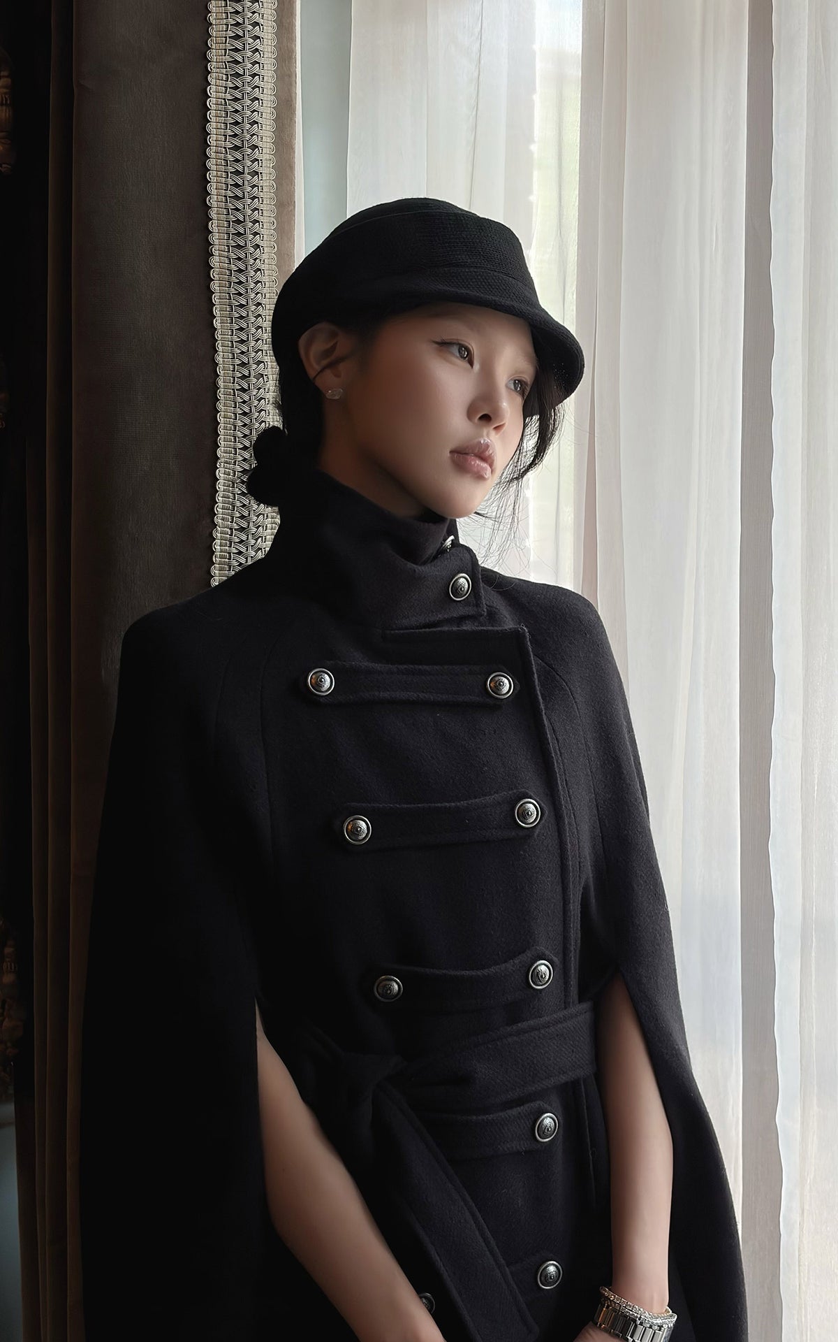 Hydrae Military Inspired Wool Cape Coat With Double Breasted Button Detailing