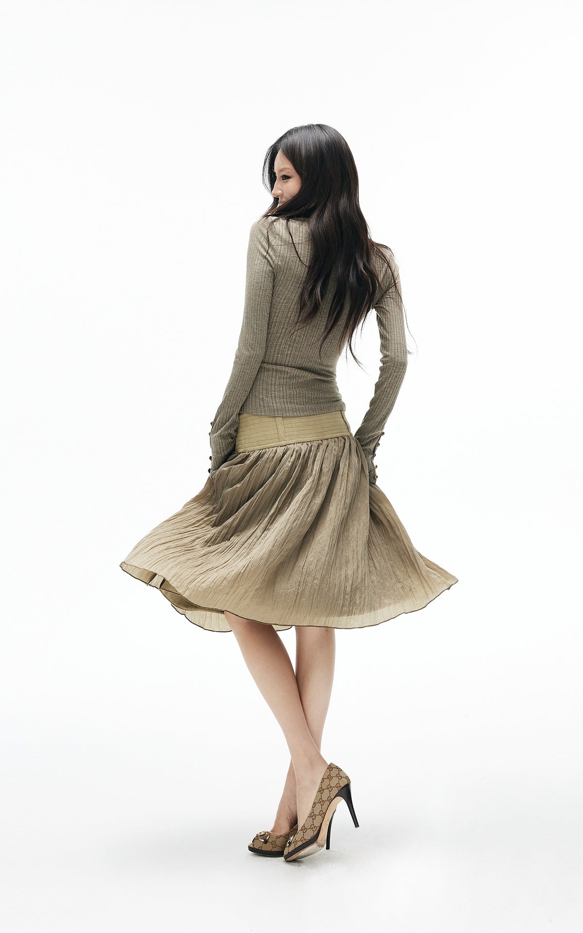 IAMXIAA Sculpted Ribbed Long Sleeve Top with Vintage Metal Button Detailing