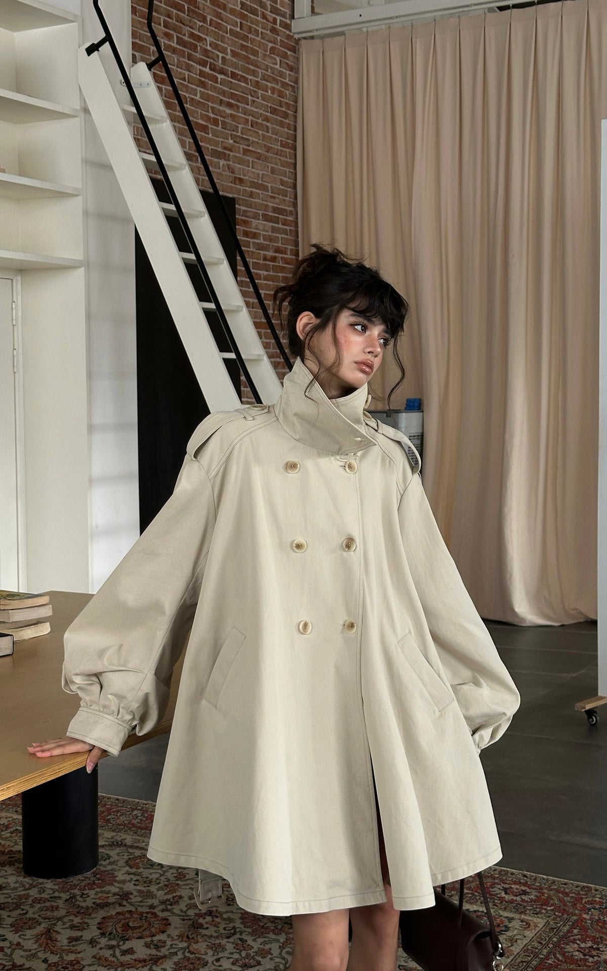 WARDEN EDGE Oversized High-Neck Balloon Sleeve Belted Trench Coat