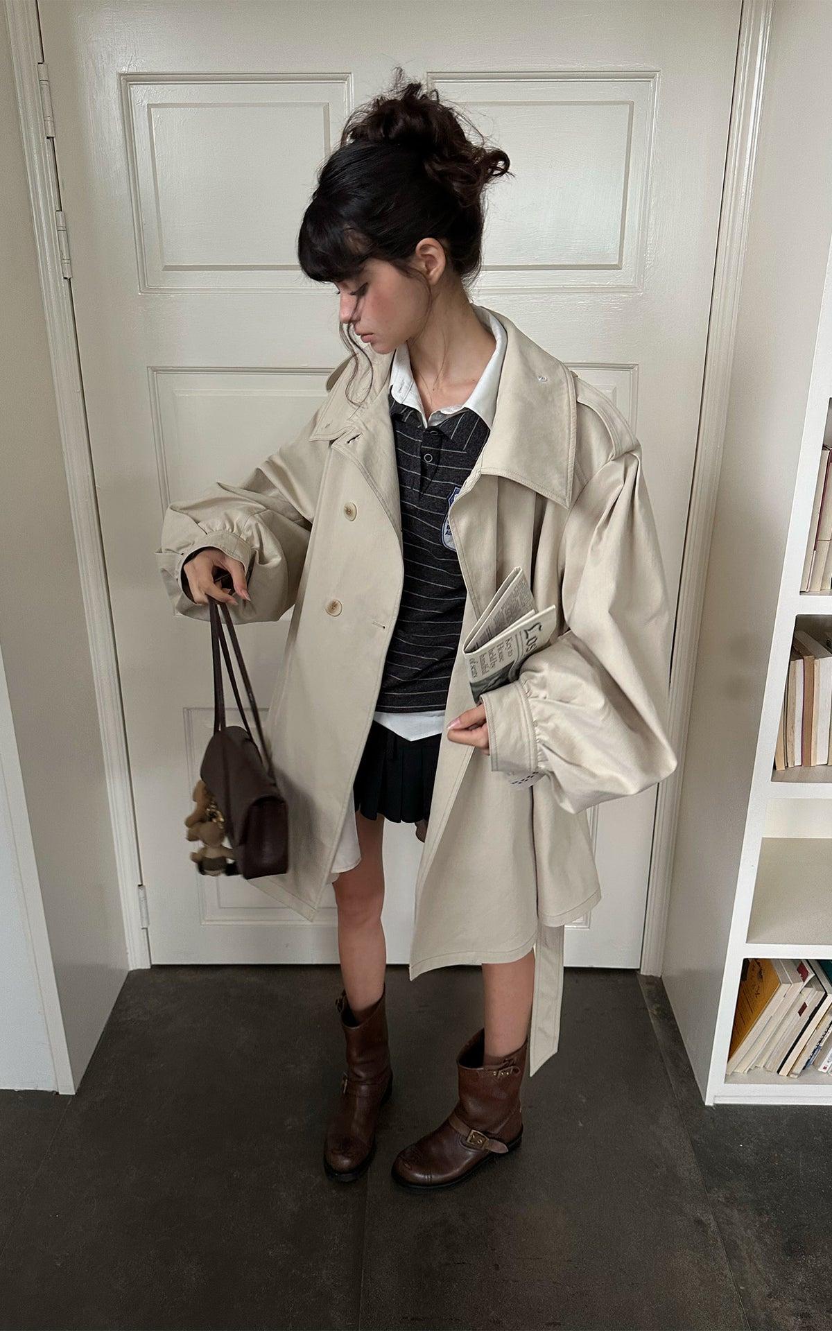 WARDEN EDGE Oversized High-Neck Balloon Sleeve Belted Trench Coat